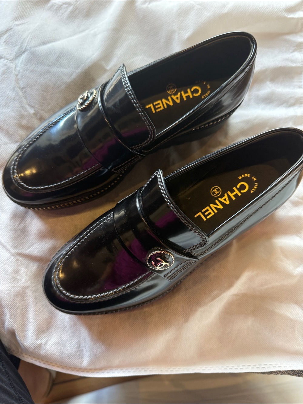 CHANEL Black Patent Leather Women’s Loafers with CC Medallion